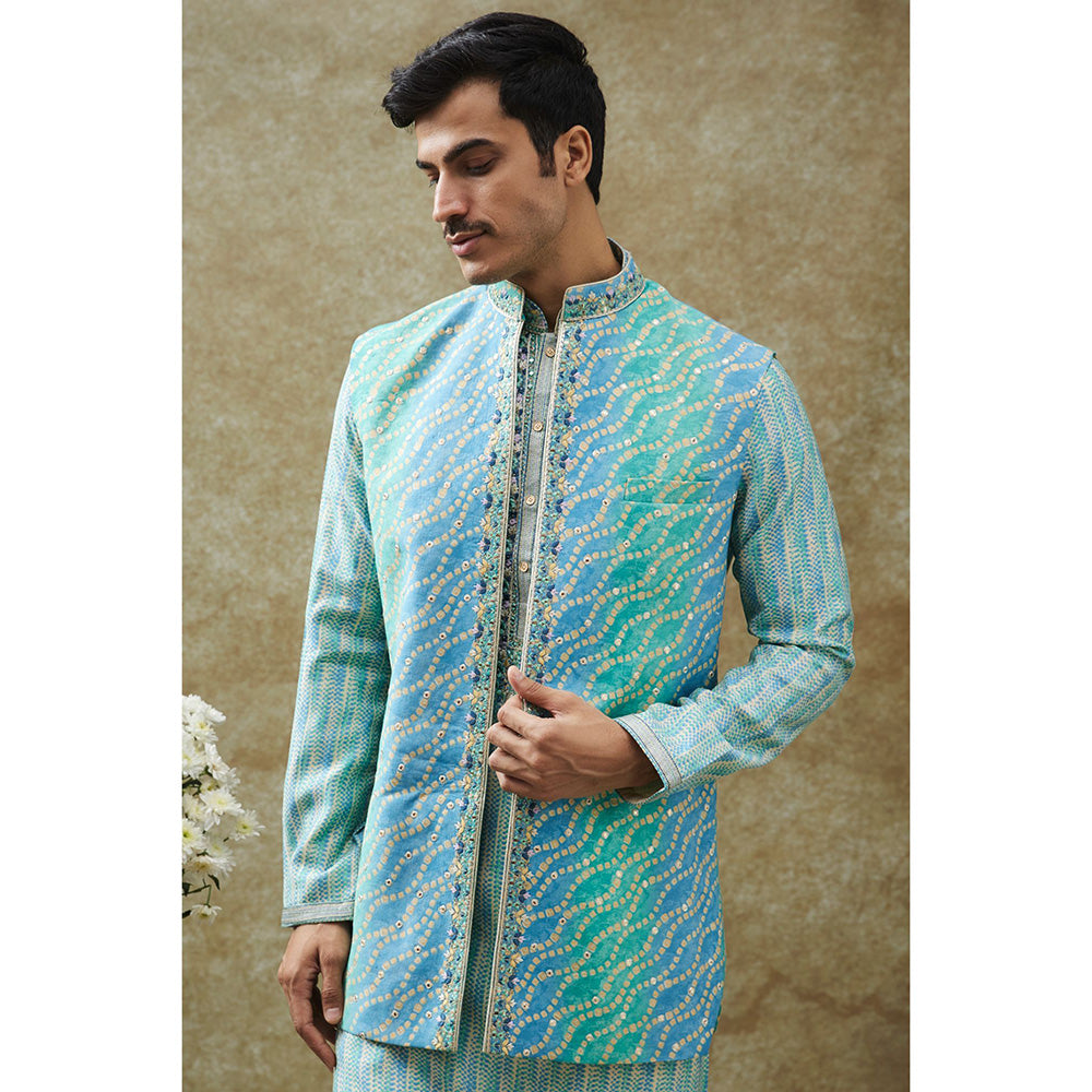 RIYAASAT Turquoise Kurta With Pant And Nehru Jacket (Set of 3)