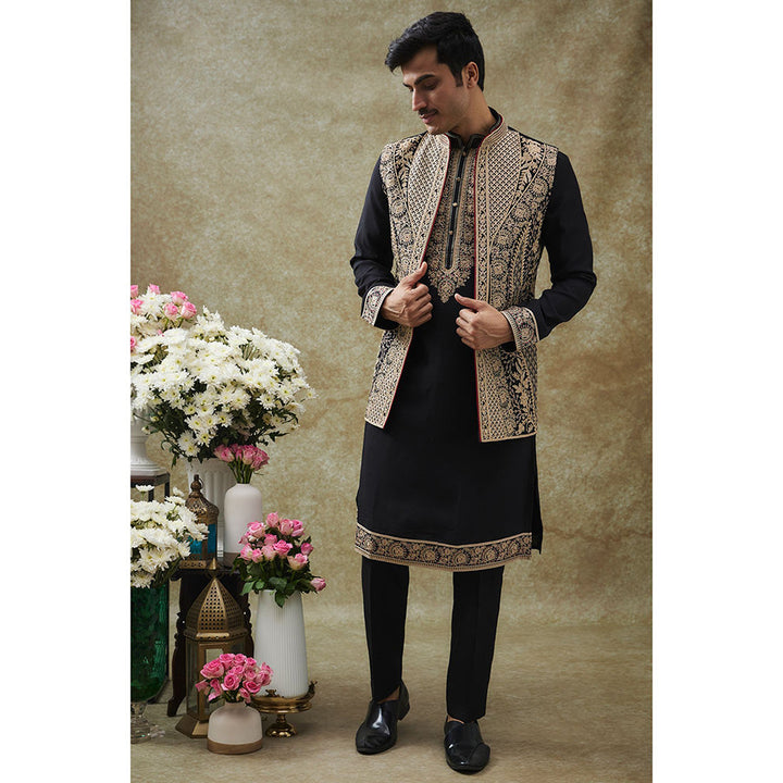 RIYAASAT Jet Black Nehru Jacket With Kurta With Pant (Set of 3)