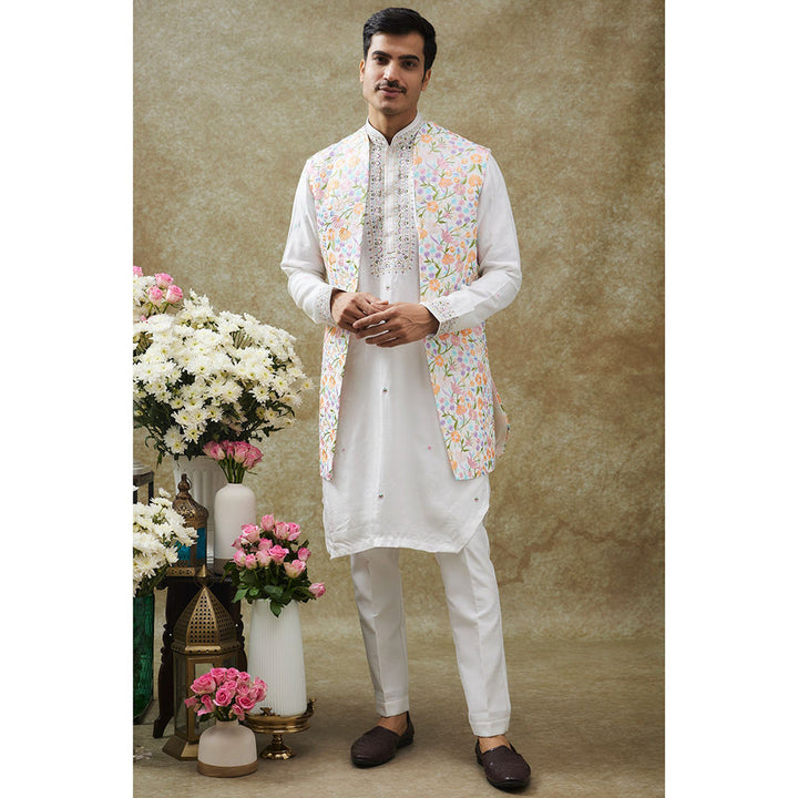 RIYAASAT Daisy White Kurta With Pant And Nehru Jacket (Set of 3)