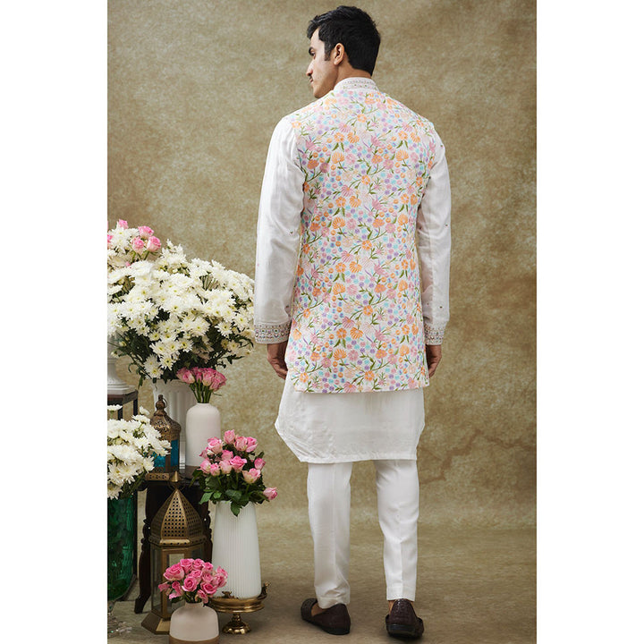 RIYAASAT Daisy White Kurta With Pant And Nehru Jacket (Set of 3)