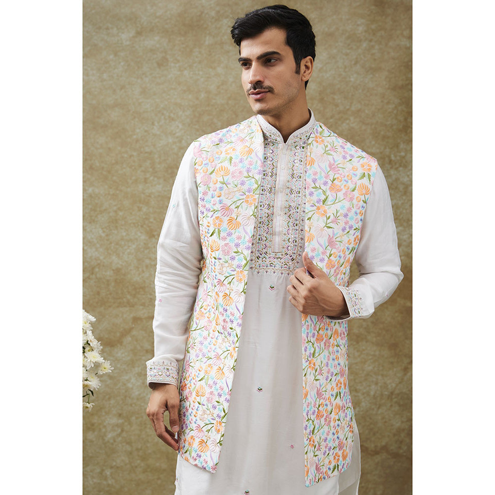 RIYAASAT Daisy White Kurta With Pant And Nehru Jacket (Set of 3)