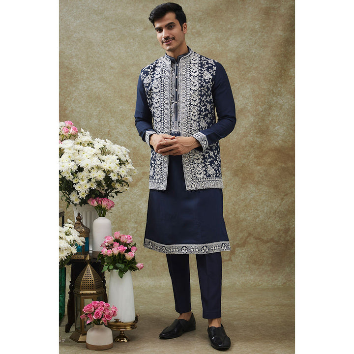 RIYAASAT Berry Blue Nehru Jacket With Kurta And Pant (Set of 3)