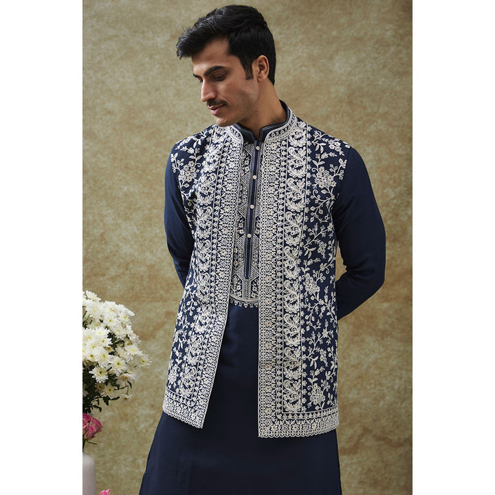 RIYAASAT Berry Blue Nehru Jacket With Kurta And Pant (Set of 3)