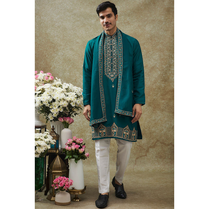 RIYAASAT Teal Resham Kurta With Pant And Dupatta (Set of 3)