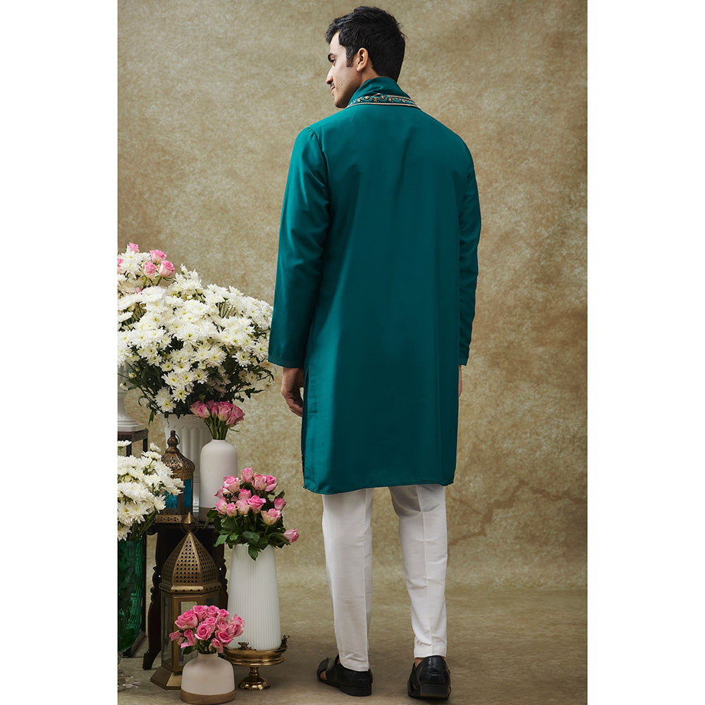 RIYAASAT Teal Resham Kurta With Pant And Dupatta (Set of 3)