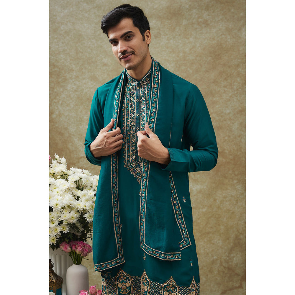 RIYAASAT Teal Resham Kurta With Pant And Dupatta (Set of 3)