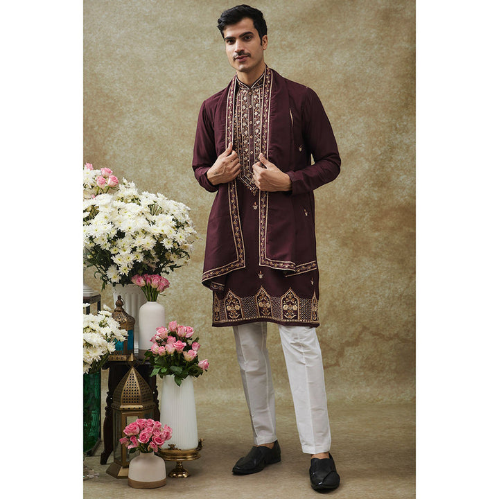 RIYAASAT Wine Resham Work Kurta With Pant And Dupatta (Set of 3)