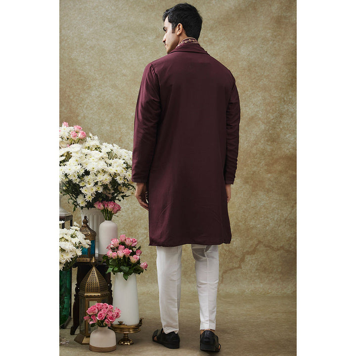 RIYAASAT Wine Resham Work Kurta With Pant And Dupatta (Set of 3)