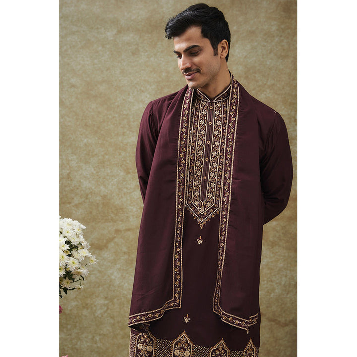 RIYAASAT Wine Resham Work Kurta With Pant And Dupatta (Set of 3)