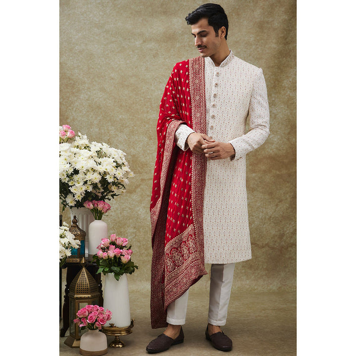 RIYAASAT White Lucknow Sherwani With Pant And Dupatta (Set of 3)