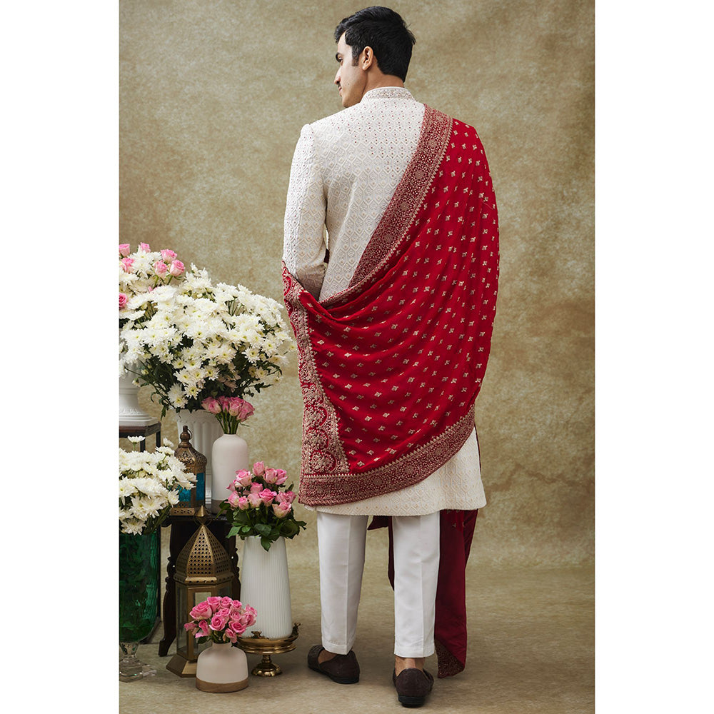 RIYAASAT White Lucknow Sherwani With Pant And Dupatta (Set of 3)