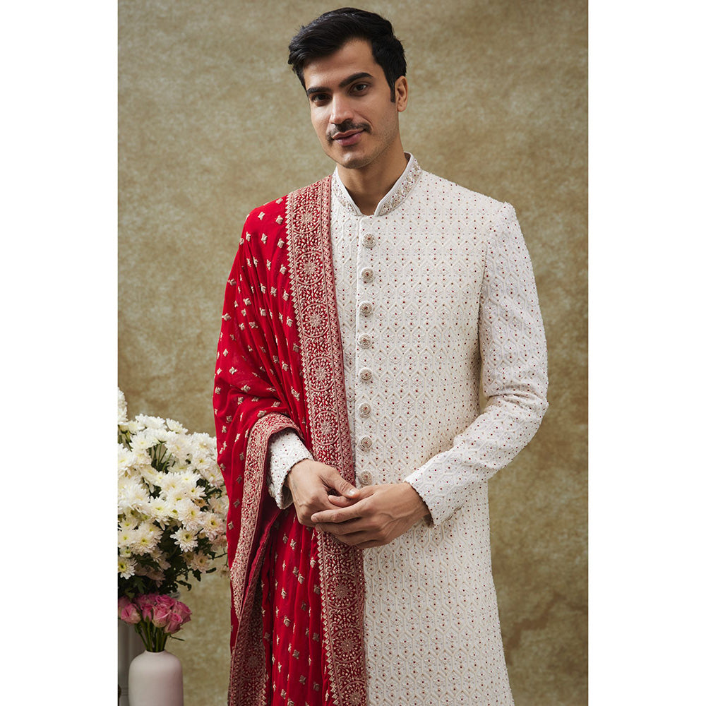 RIYAASAT White Lucknow Sherwani With Pant And Dupatta (Set of 3)