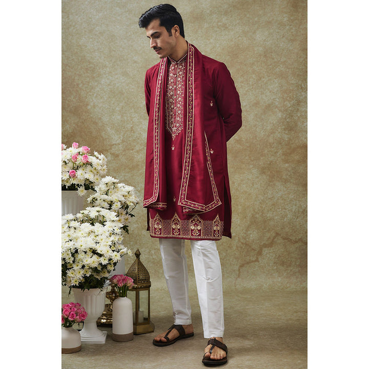 RIYAASAT Cherry Red Resham Kurta With Pant And Dupatta (Set of 3)