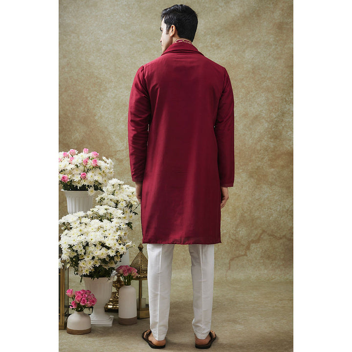 RIYAASAT Cherry Red Resham Kurta With Pant And Dupatta (Set of 3)