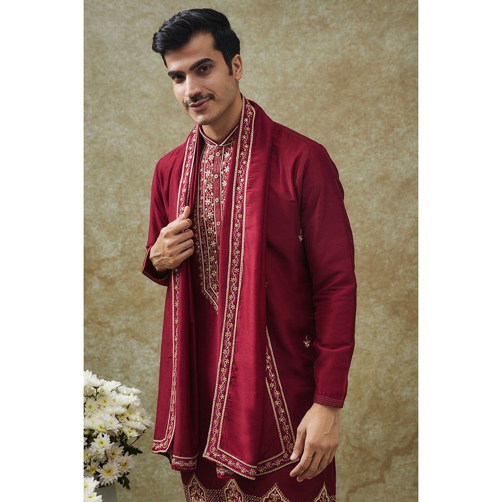 RIYAASAT Cherry Red Resham Kurta With Pant And Dupatta (Set of 3)