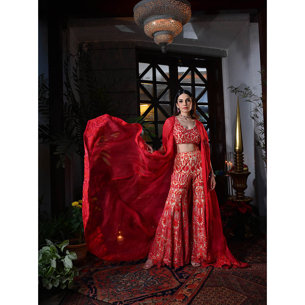 Rococo Afra Blouse and Palazzo with Cape - Red (Set of 3)