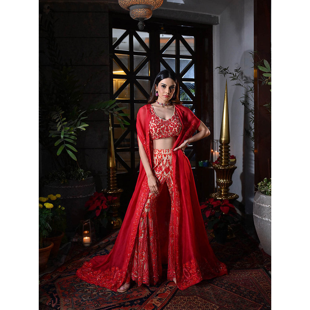 Rococo Afra Blouse and Palazzo with Cape - Red (Set of 3)