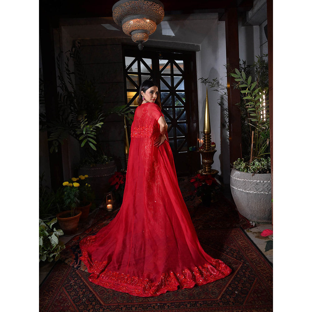 Rococo Afra Blouse and Palazzo with Cape - Red (Set of 3)