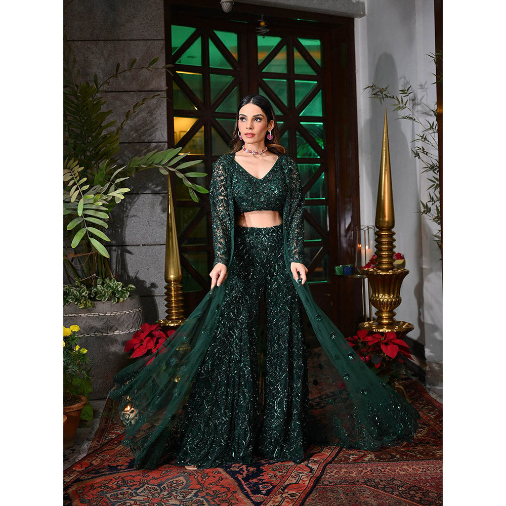 Rococo Fiza Blouse and Palazzo with Cape - Green (Set of 3)