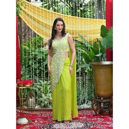 Rococo Hannah Predraped Saree with Stitched Blouses - Green