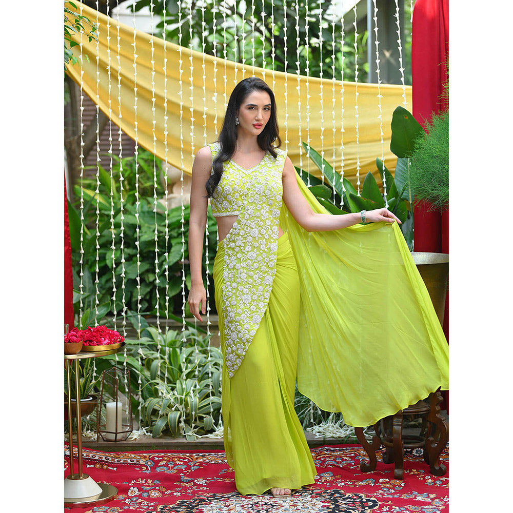 Rococo Hannah Predraped Saree with Stitched Blouses - Green