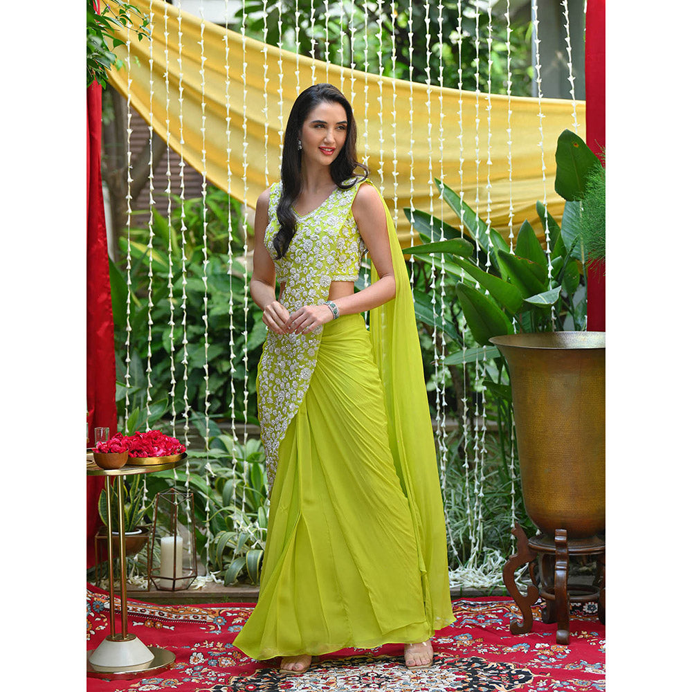 Rococo Hannah Predraped Saree with Stitched Blouses - Green