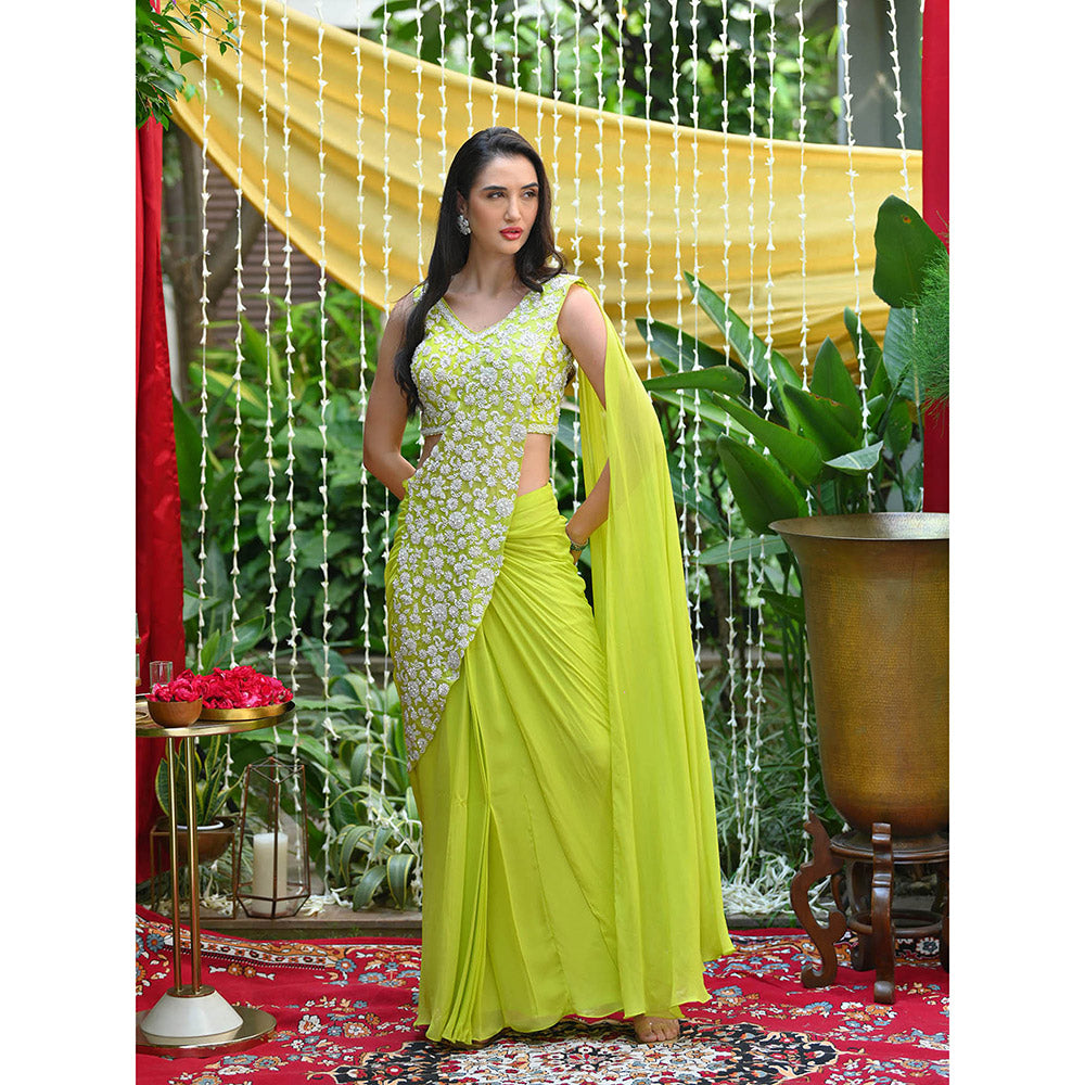 Rococo Hannah Predraped Saree with Stitched Blouses - Green
