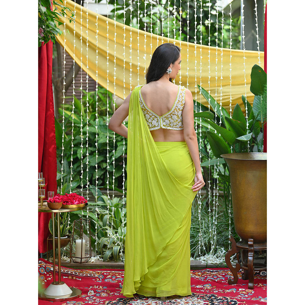 Rococo Hannah Predraped Saree with Stitched Blouses - Green