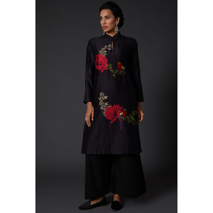 Rohit Bal Black Floral Printed & Embroidered Chanderi Silk Kurta & Palazzo (Set of 2)