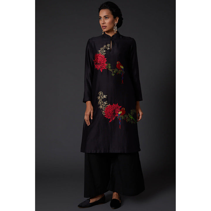 Rohit Bal Black Floral Printed & Embroidered Chanderi Silk Kurta & Palazzo (Set of 2)