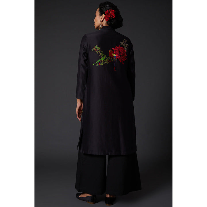 Rohit Bal Black Floral Printed & Embroidered Chanderi Silk Kurta & Palazzo (Set of 2)