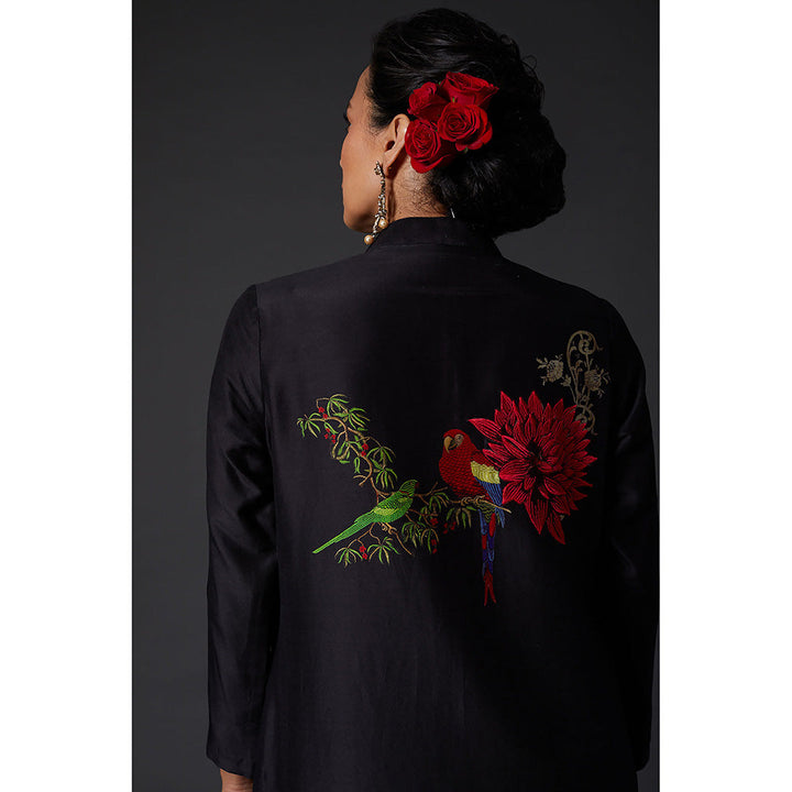 Rohit Bal Black Floral Printed & Embroidered Chanderi Silk Kurta & Palazzo (Set of 2)