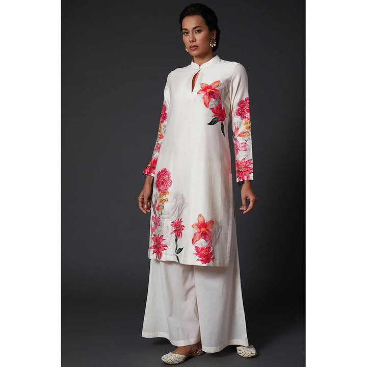 Rohit Bal Ivory Floral Printed Chanderi Silk Kurta & Palazzo (Set of 2)