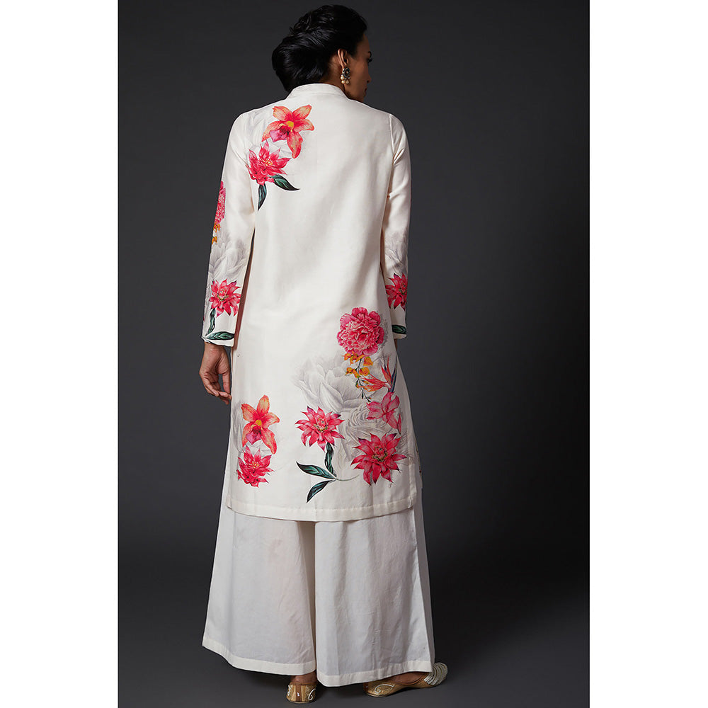 Rohit Bal Ivory Floral Printed Chanderi Silk Kurta & Palazzo (Set of 2)