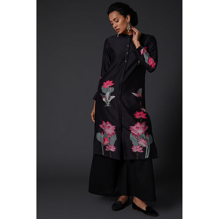 Rohit Bal Black Floral Printed & Embroidered Kurta & Palazzo (Set of 2)