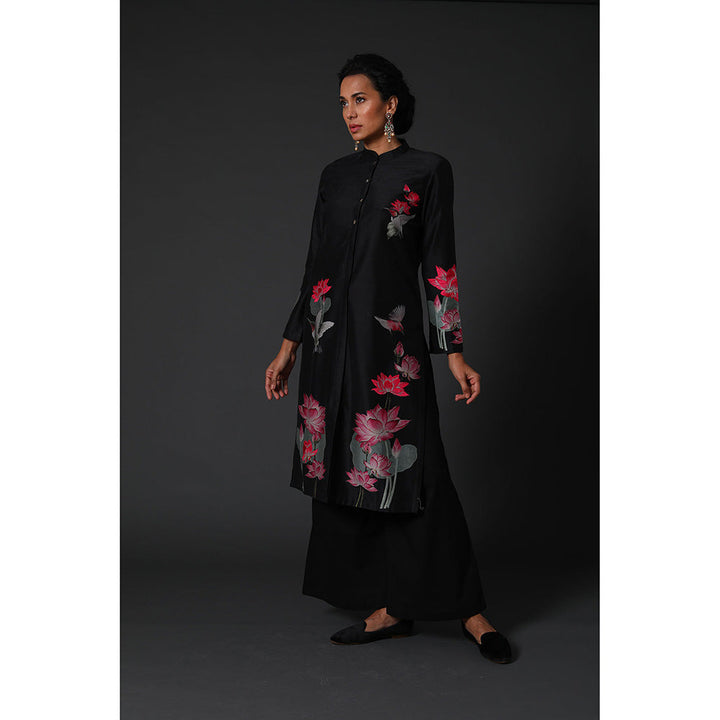 Rohit Bal Black Floral Printed & Embroidered Kurta & Palazzo (Set of 2)