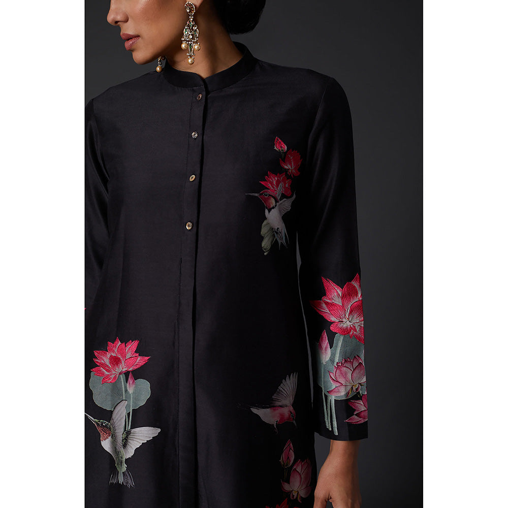 Rohit Bal Black Floral Printed & Embroidered Kurta & Palazzo (Set of 2)