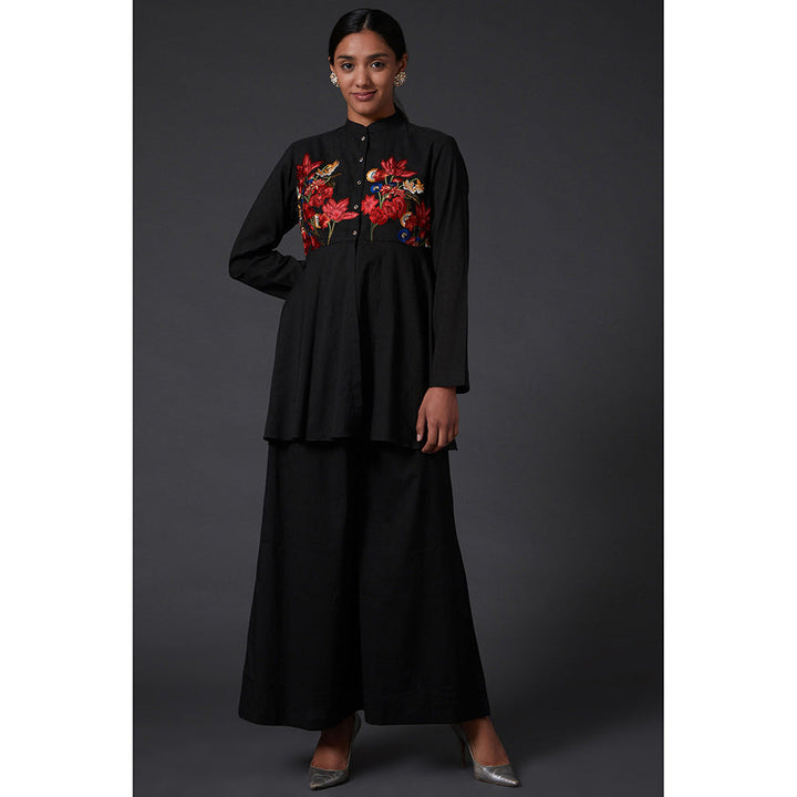 Rohit Bal Black Floral Embroidered Peplum Top with Palazzo Pants (Set of 2)