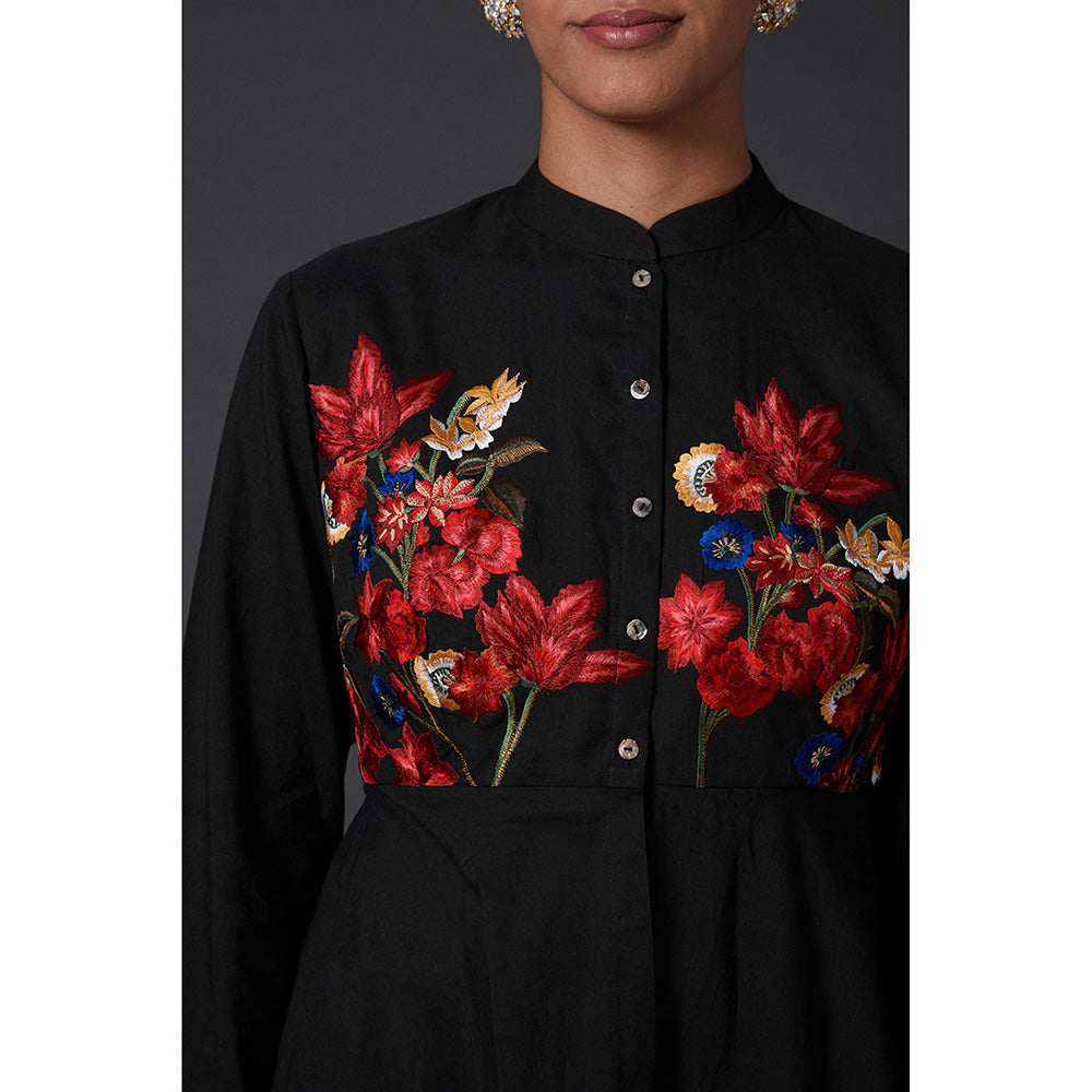 Rohit Bal Black Floral Embroidered Peplum Top with Palazzo Pants (Set of 2)