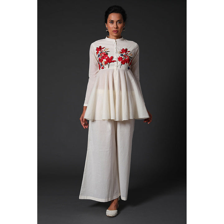 Rohit Bal Ivory Floral Embroidered Peplum Top with Palazzo Pants (Set of 2)