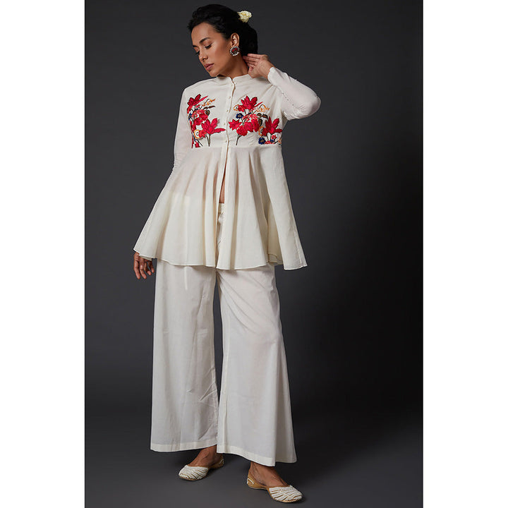 Rohit Bal Ivory Floral Embroidered Peplum Top with Palazzo Pants (Set of 2)