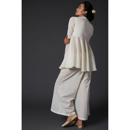 Rohit Bal Ivory Floral Embroidered Peplum Top with Palazzo Pants (Set of 2)