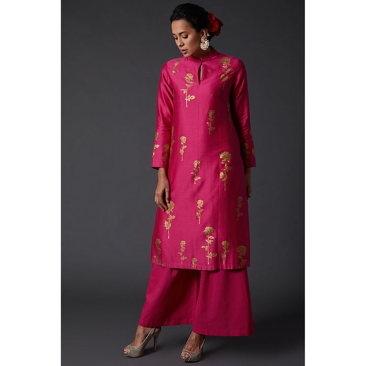 Rohit Bal Fuchsia Pink & Gold Block Printed Kurta & Palazzo in Chanderi Silk (Set of 2)