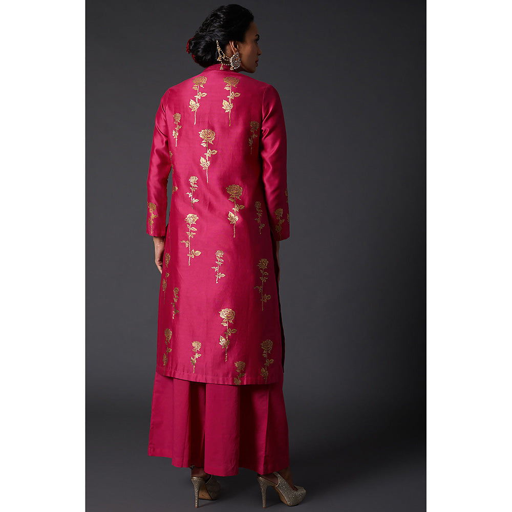 Rohit Bal Fuchsia Pink & Gold Block Printed Kurta & Palazzo in Chanderi Silk (Set of 2)