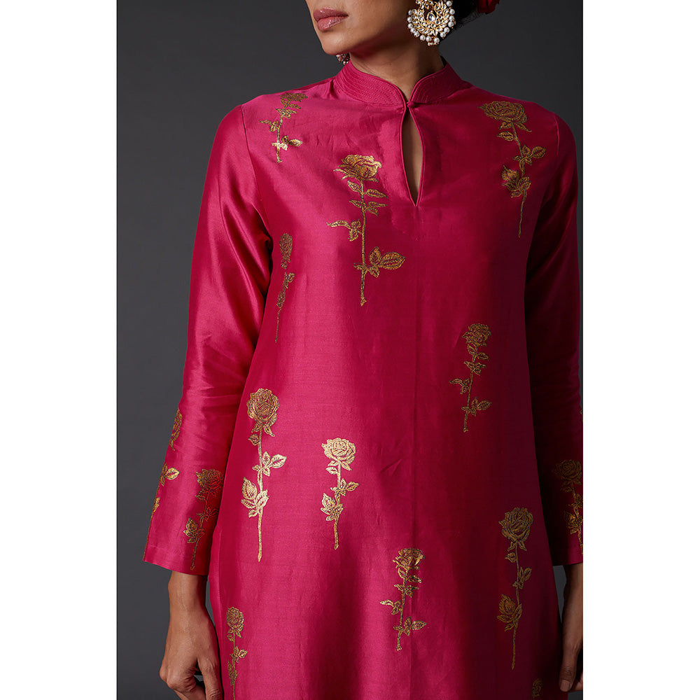 Rohit Bal Fuchsia Pink & Gold Block Printed Kurta & Palazzo in Chanderi Silk (Set of 2)