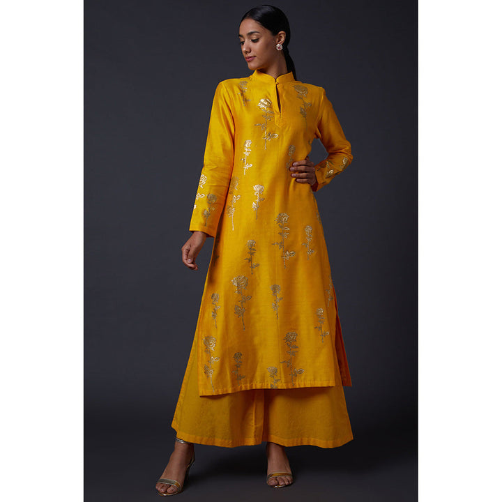 Rohit Bal Yellow & Gold Block Printed Kurta & Palazzo in Chanderi Silk (Set of 2)