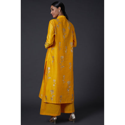 Rohit Bal Yellow & Gold Block Printed Kurta & Palazzo in Chanderi Silk (Set of 2)