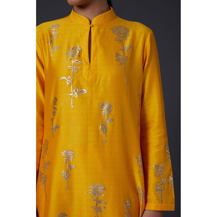 Rohit Bal Yellow & Gold Block Printed Kurta & Palazzo in Chanderi Silk (Set of 2)