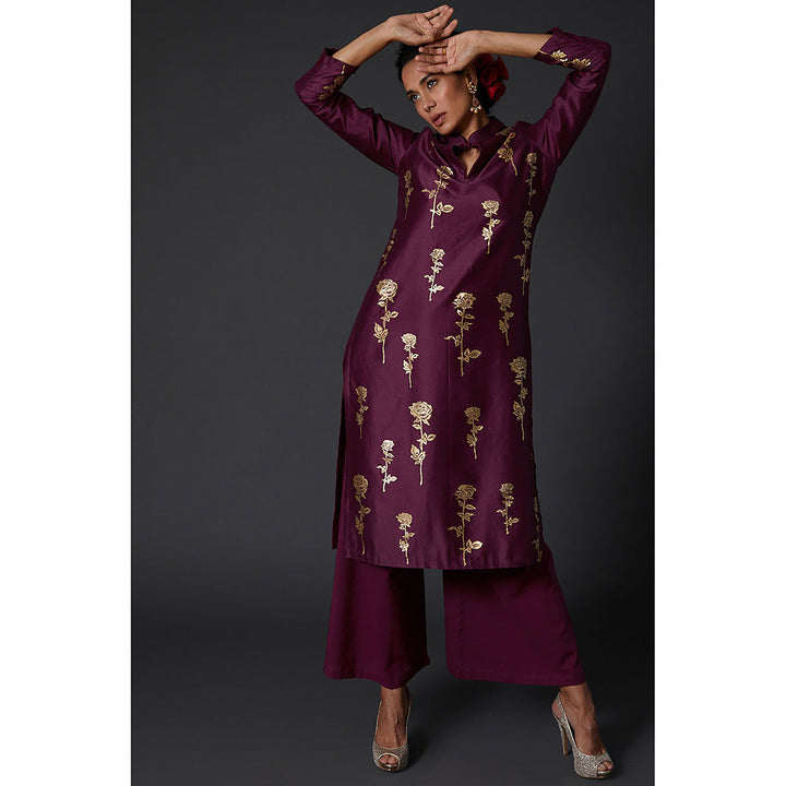 Rohit Bal Purple & Gold Plum Block Printed Kurta & Palazzo (Set of 2)