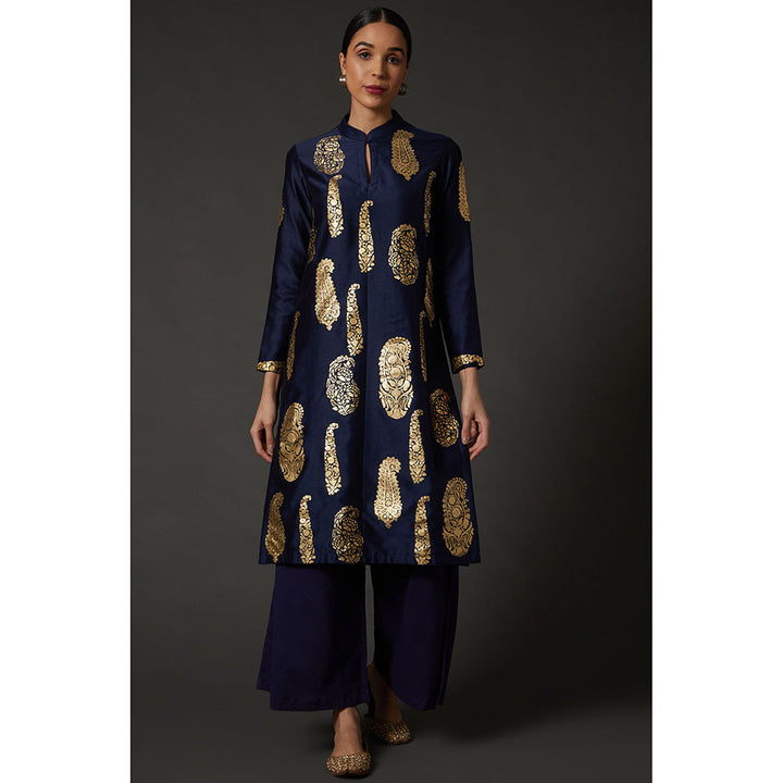 Rohit Bal Indigo Blue & Gold Paisley Block Printed Kurta & Palazzo (Set of 2)